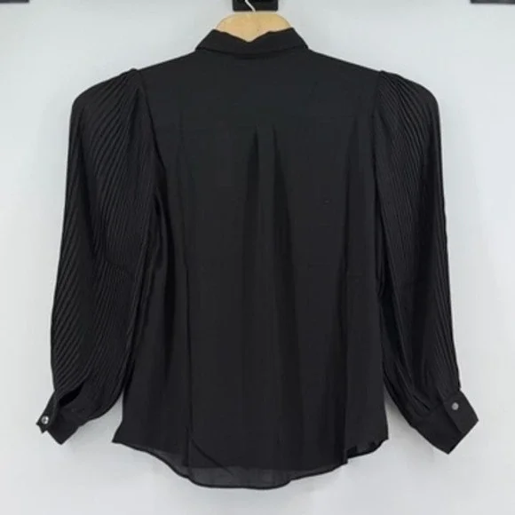 Tahari Black Pleated Puff Balloon Sleeve Button Up Shirt Womens L - Picture 2 of 8